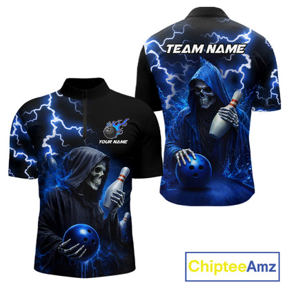 Blue Grim Reaper Bowling Shirt For Men Custom Lightning Team League Bowling Jersey Polo & 1/4 Zip TDM5854