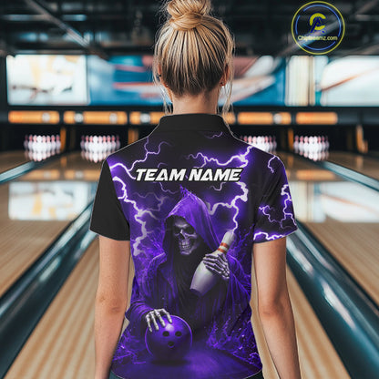 Purple Grim Reaper Bowling Shirt For Women Custom Lightning Team League Bowling Jersey Polo, 1/4 Zip TDM5856