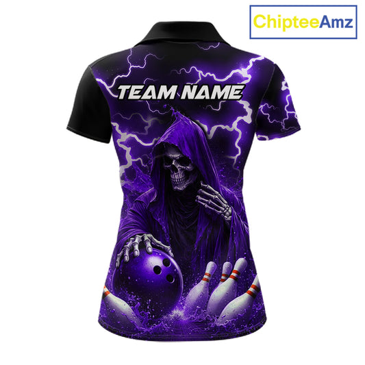 Purple Grim Reaper Bowling Shirt For Women Custom Lightning Bowling Jersey Team Polo & 1/4 Zip TDM5857