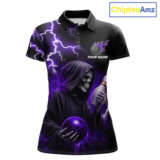 Purple Grim Reaper Bowling Shirt For Women Custom Lightning Bowling Jersey Team Polo & 1/4 Zip TDM5857