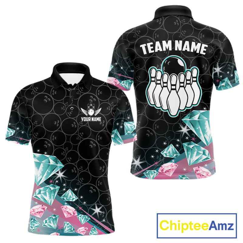 Funny Pink And Turquoise Diamonds Bowling Shirt For Men Custom Bowling Team Jersey TDM5860