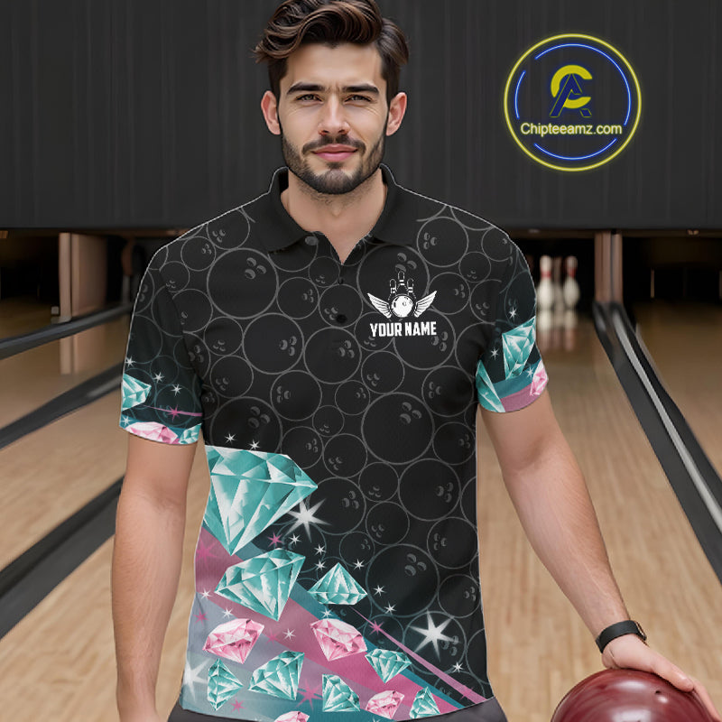Funny Pink And Turquoise Diamonds Bowling Shirt For Men Custom Bowling Team Jersey TDM5860