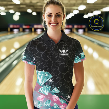 Funny Pink And Turquoise Diamonds Bowling Shirt For Women Custom Bowling Team Jersey TDM5860