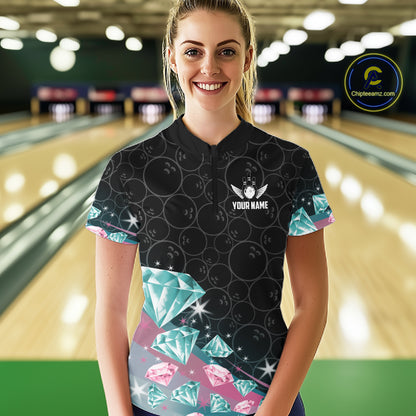 Funny Pink And Turquoise Diamonds Bowling Shirt For Women Custom Bowling Team Jersey TDM5860