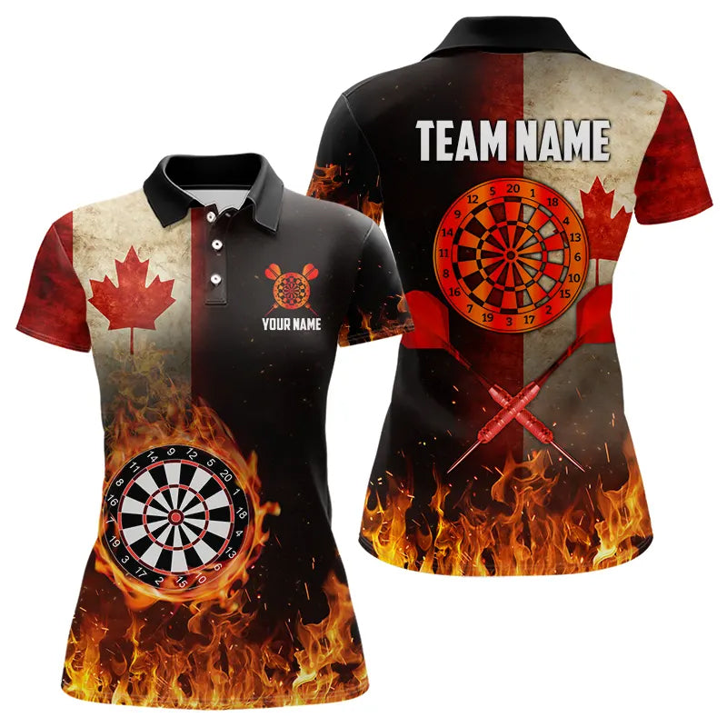 Personalized Retro Canada Flag Flame Dartboard Darts Shirts For Women, Patriotic Canadian Dart Jersey TDM3675