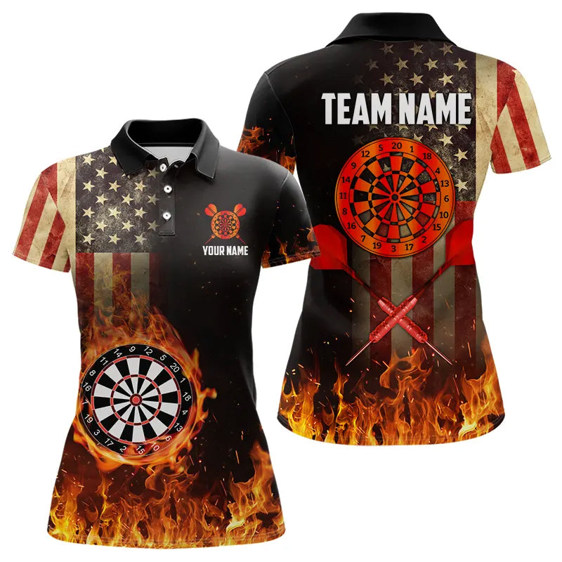 Personalized Retro US Flag Flame Dartboard Darts Shirts For Women, Patriotic American Dart Jerseys TDM3676