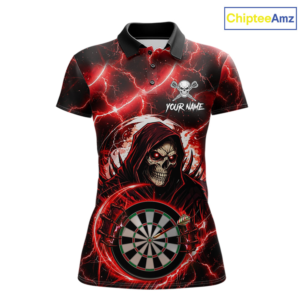 Red Grim Reaper Skull Thunder Lightning Darts Shirt For Women Custom Darts Jersey Team Polo & 1/4 Zip TDM6467