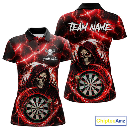 Red Grim Reaper Skull Thunder Lightning Darts Shirt For Women Custom Darts Jersey Team Polo & 1/4 Zip TDM6467