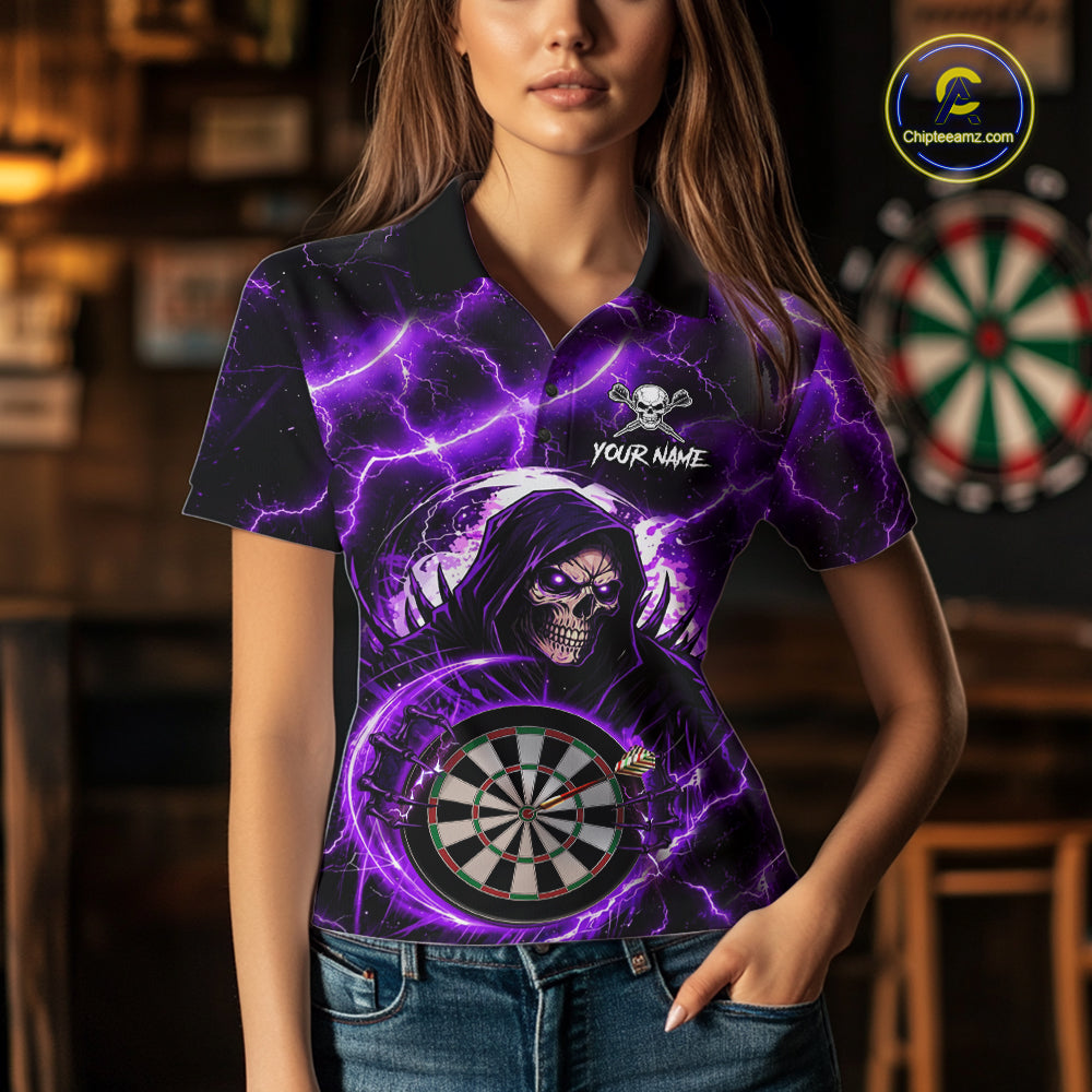 Purple Grim Reaper Skull Thunder Lightning Darts Shirt For Women Custom Darts Jersey Polo & 1/4 Zip TDM6468