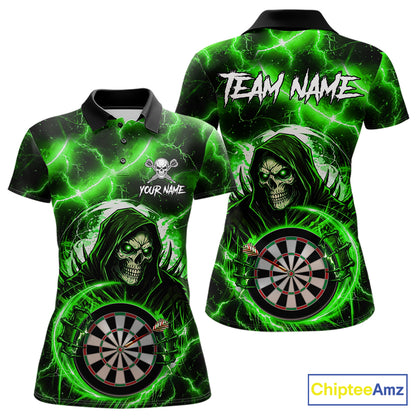 Green Grim Reaper Skull Thunder Lightning Darts Shirt For Women Custom Darts Jersey Polo & 1/4 Zip TDM6469