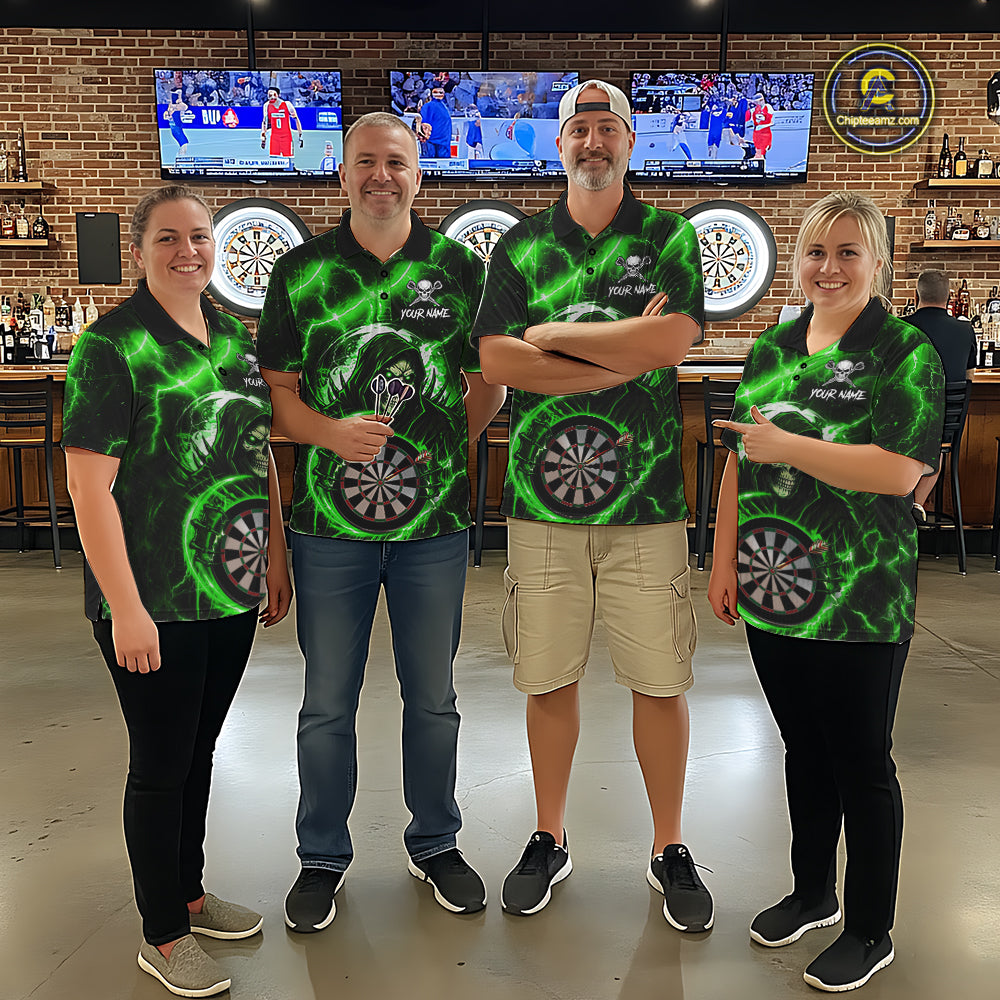 Green Grim Reaper Skull Thunder Lightning Darts Shirt For Women Custom Darts Jersey Polo & 1/4 Zip TDM6469