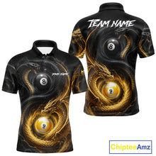 Load image into Gallery viewer, 8 ball 9 ball cobra snake and dragon pool billiard polo shirt for men with custom team graphics.