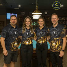 Load image into Gallery viewer, Pool team wearing matching 8 ball 9 ball cobra snake and dragon billiard jerseys during league matches front view.