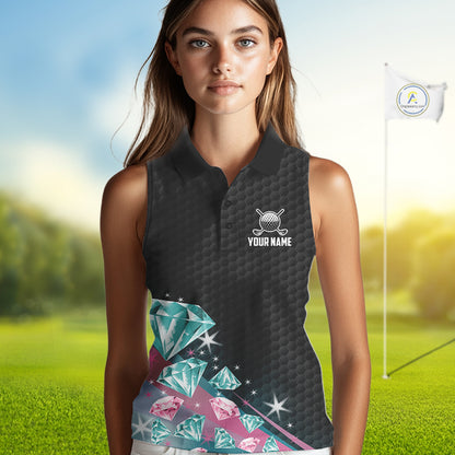 Women's Sleeveless Golf Polo Shirt Funny Pink And Turquoise Diamonds Custom Name Golf Shirts TDM6471