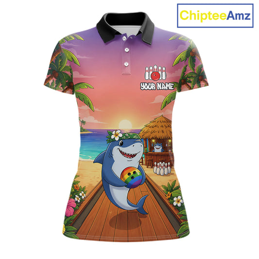 Funny Shark Sunset Tropical Bowling Shirts For Women Custom Bowling Polo & 1/4 Zip, Bowling Gifts TDM6472