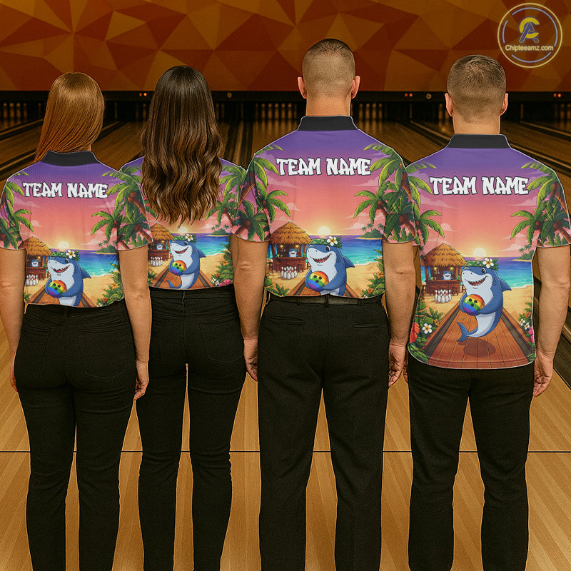 Funny Shark Sunset Tropical Bowling Shirts For Women Custom Bowling Polo & 1/4 Zip, Bowling Gifts TDM6472