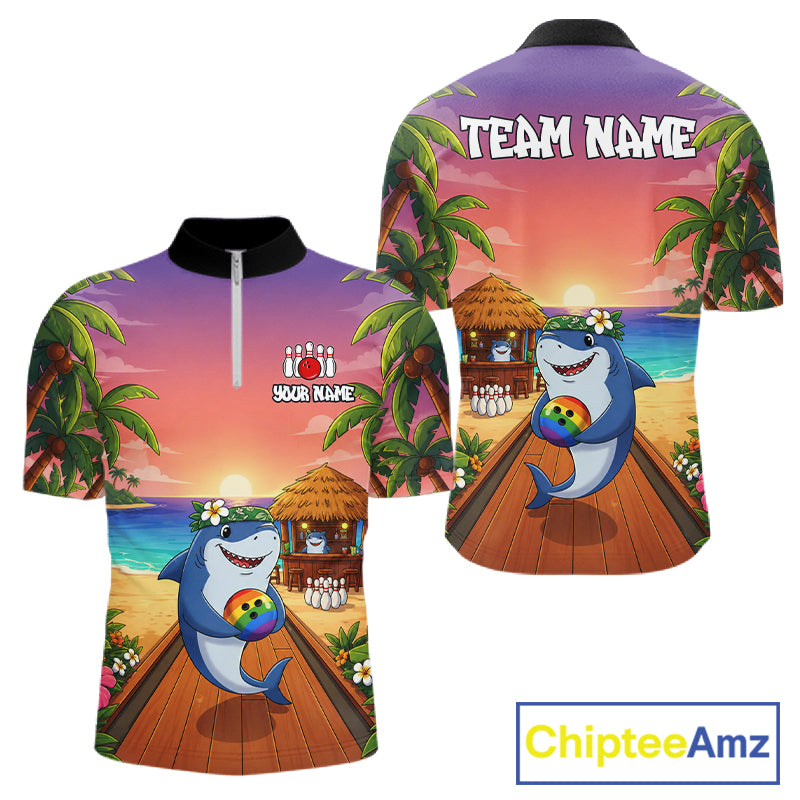 Funny Shark Sunset Tropical Bowling Shirts For Men Custom Bowling Polo & 1/4 Zip, Bowling Gifts TDM6472