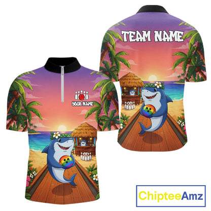 Funny Shark Sunset Tropical Bowling Shirts For Men Custom Bowling Polo & 1/4 Zip, Bowling Gifts TDM6472