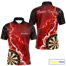Load image into Gallery viewer, Custom red lightning darts team jersey polo shirt for men, personalized dart shirt with bold lightning graphics for darts league players.