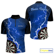 Load image into Gallery viewer, Custom blue lightning darts quarter zip shirt with left chest pocket for men, personalized darts team jersey.
