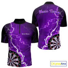 Load image into Gallery viewer, Custom purple lightning darts team quarter zip shirt for men with bold lightning graphics and personalized darts jersey design.