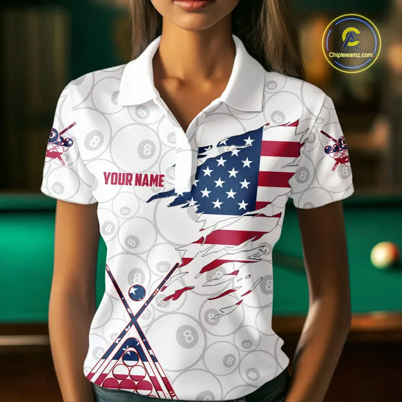 American Flag 8 Ball Billiard Jersey For Women Custom Patriotic Billiard Shirt Team Polo & 1/4 Zip TDM5383