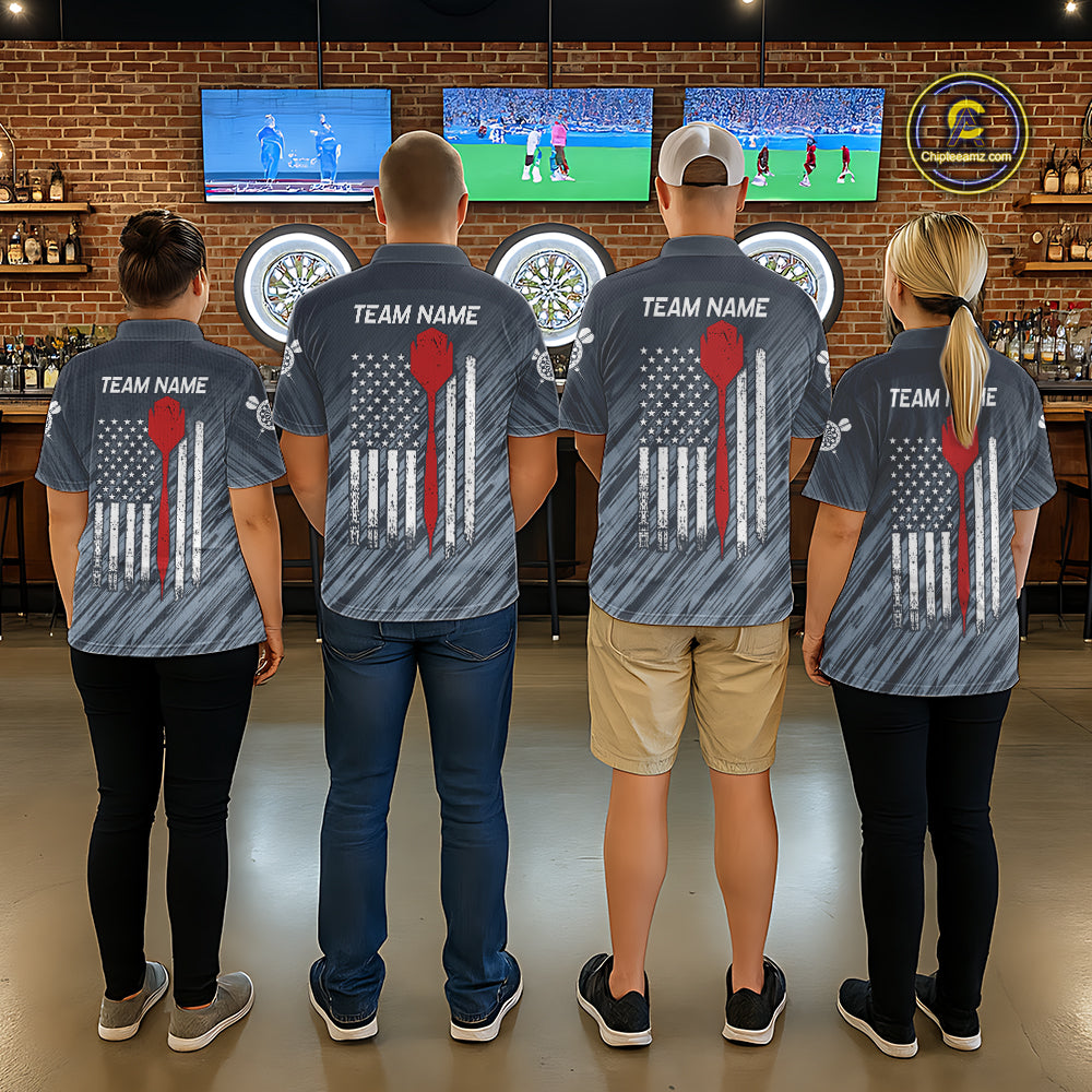 American Flag Grey Grunge Darts Shirt For Women Custom Patriotic Darts Jersey Team Polo & 1/4 Zip TDM5385