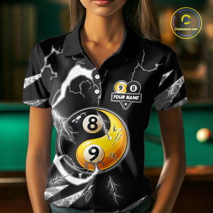 Personalized White Black 8 Ball 9 Ball Yin-Yang Billiard Shirt For Women, Lightning Pool Team Jersey TDM5879
