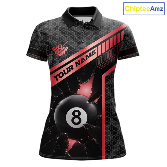 Black And Red 8 Ball Break Glass Billiard Shirt For Women Custom Pool Team Jersey Polo & 1/4 Zip TDM6253