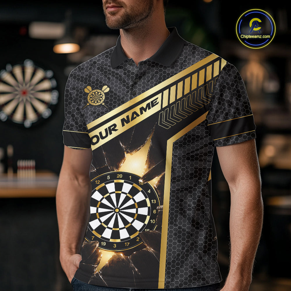 Black And Gold Break Glass Darts Shirt For Men Custom Darts Jersey Team Polo & Quarter Zip Shirt TDM6255