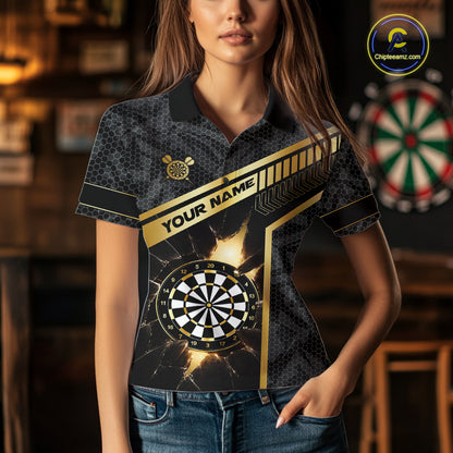 Black And Gold Break Glass Darts Shirt For Women Custom Darts Jersey Team Polo & Quarter Zip Shirt TDM6255
