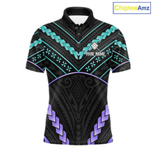 Load image into Gallery viewer, Custom teal and purple tribal 9 ball pool billiard team jersey polo shirt for men, personalized pool league apparel and tournament jersey.