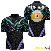 Load image into Gallery viewer, Custom teal and purple tribal 9 ball pool billiard quarter zip shirt for men, personalized billiard team jersey.