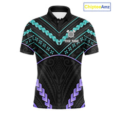 Load image into Gallery viewer, Custom teal and purple tribal dartboard darts team jersey polo shirt for men, personalized darts league apparel and tournament jersey.
