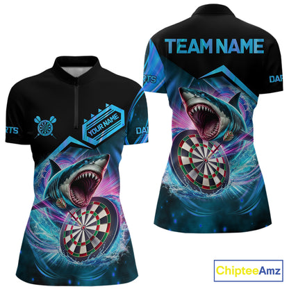 Personalized blue dartboard shark darts team jersey quarter zip shirt for women featuring a fierce shark and dartboard artwork, premium custom darts league apparel.