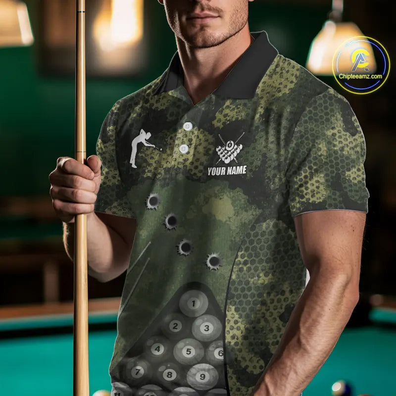 Green Camo 8 Ball Billiard Shirt For Men Custom Pool Team Shirt, Billiard Jersey Polo & 1/4 Zip TDM5655