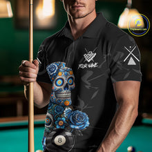 Load image into Gallery viewer, Personalized Blue 8 Ball Sugar Skull Billiard Shirt For Men, Pool Team Jersey Polo &amp; 1/4 Zip TDM6261