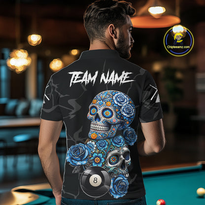 Personalized Blue 8 Ball Sugar Skull Billiard Shirt For Men, Pool Team Jersey Polo & 1/4 Zip TDM6261
