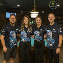 Load image into Gallery viewer, Personalized Blue 8 Ball Sugar Skull Billiard Shirt For Women, Pool Team Jersey Polo &amp; 1/4 Zip TDM6261