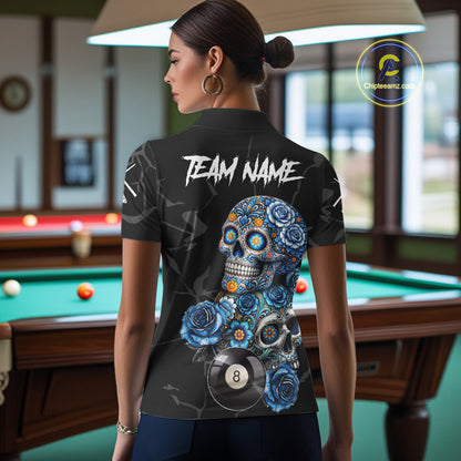 Personalized Blue 8 Ball Sugar Skull Billiard Shirt For Women, Pool Team Jersey Polo & 1/4 Zip TDM6261