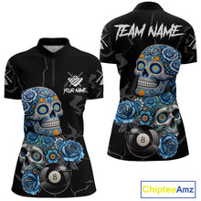Load image into Gallery viewer, Personalized Blue 8 Ball Sugar Skull Billiard Shirt For Women, Pool Team Jersey Polo &amp; 1/4 Zip TDM6261