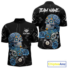 Load image into Gallery viewer, Personalized Blue 8 Ball Sugar Skull Billiard Shirt For Men, Pool Team Jersey Polo &amp; 1/4 Zip TDM6261