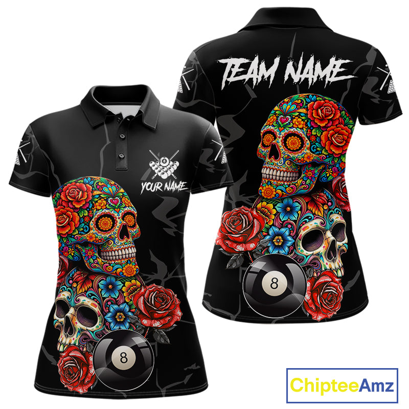 Custom Colorful Sugar Skull Billiard Shirt For Women, 8 Ball Pool Team Jersey Polo & 1/4 Zip TDM6262