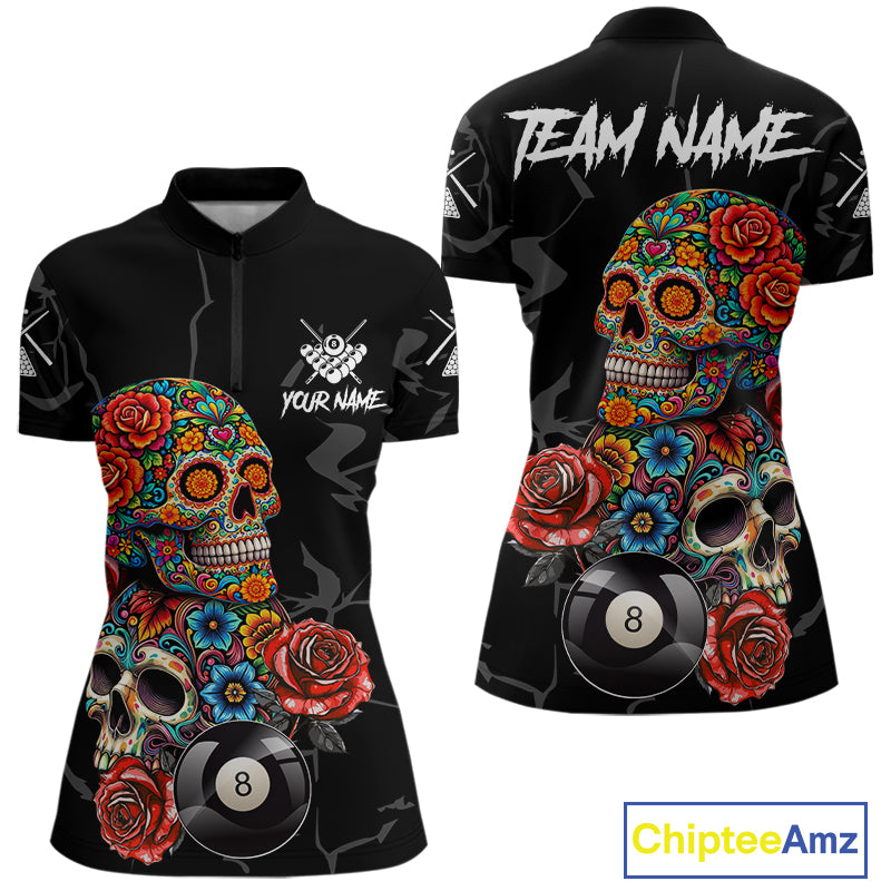 Custom Colorful Sugar Skull Billiard Shirt For Women, 8 Ball Pool Team Jersey Polo & 1/4 Zip TDM6262