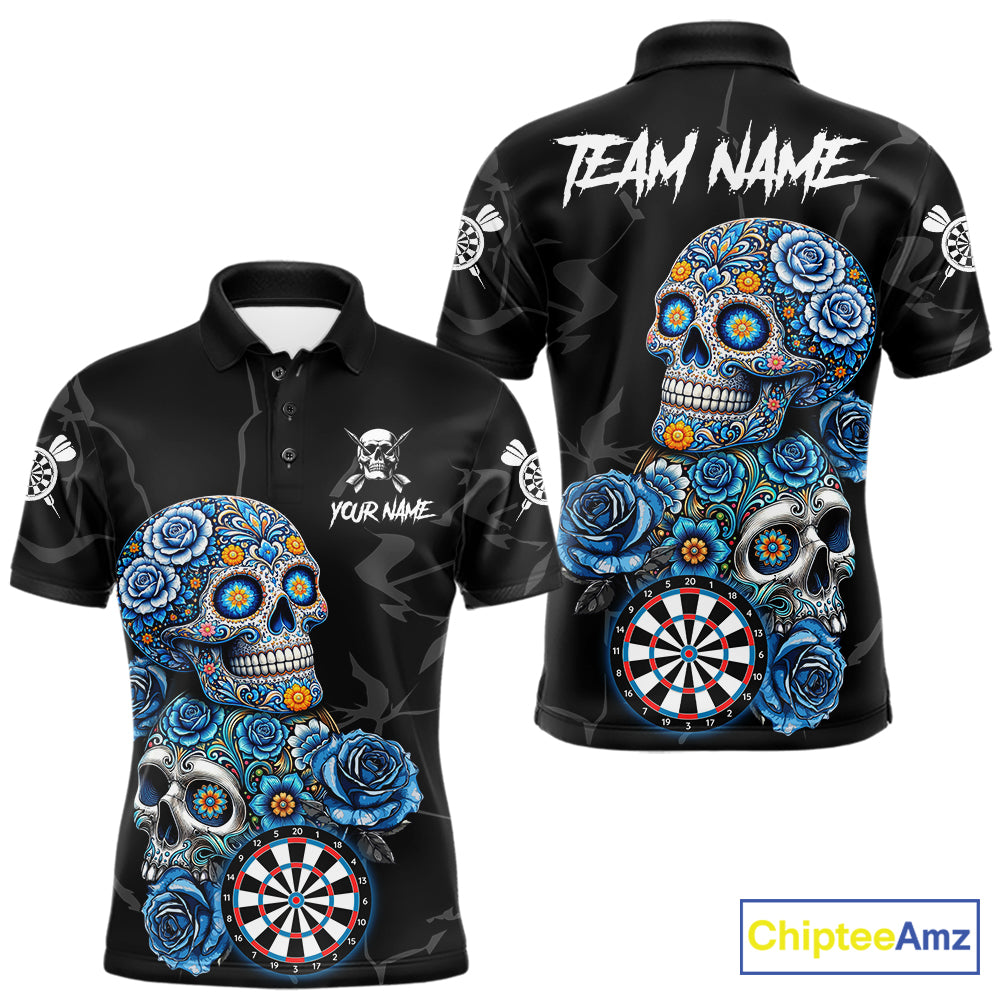 Personalized Blue Sugar Skull Darts Shirt For Men Custom Darts Jersey Team Polo & Quarter Zip TDM6263