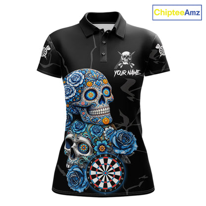 Personalized Blue Sugar Skull Darts Shirt For Women Custom Darts Jersey Team Polo & Quarter Zip TDM6263