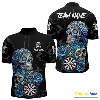 Personalized Blue Sugar Skull Darts Shirt For Men Custom Darts Jersey Team Polo & Quarter Zip TDM6263