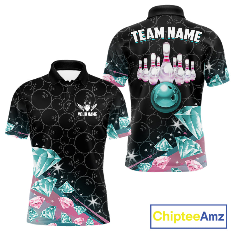 Custom Pink Turquoise Diamonds Bowling Shirt For Men, Glowing Bowling Team Jersey Polo & 1/4 Zip TDM6270