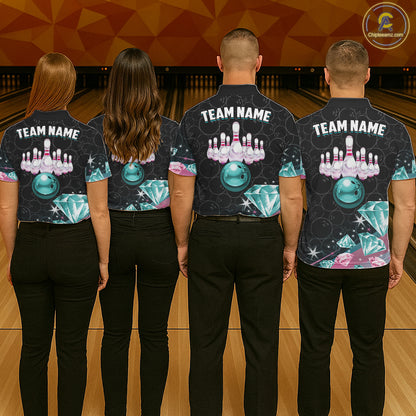 Custom Pink Turquoise Diamonds Bowling Shirt For Men, Glowing Bowling Team Jersey Polo & 1/4 Zip TDM6270