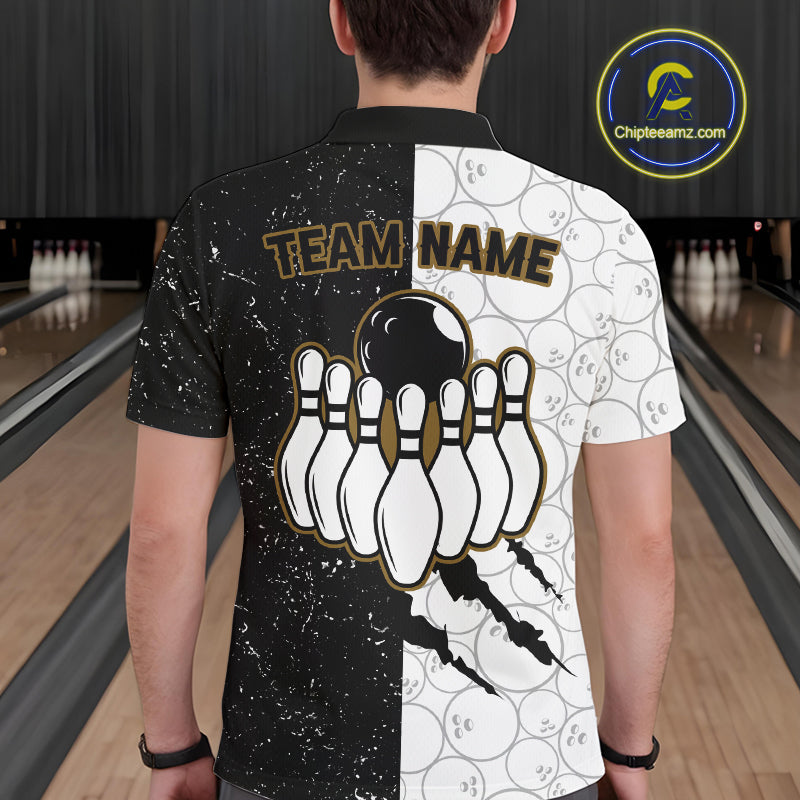 Custom Grunge Black White Bowling Shirt For Men, Bowling Tournament Team Shirt Polo & 1/4 Zip TDM6271